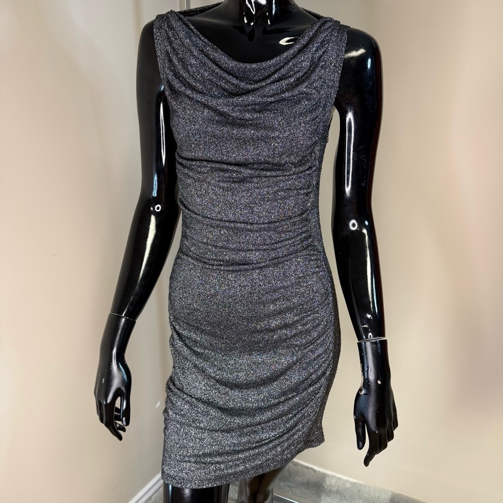 Lolia USA Sparkly Silver Ruched Mini Dress – Size Medium | Holiday / New Years